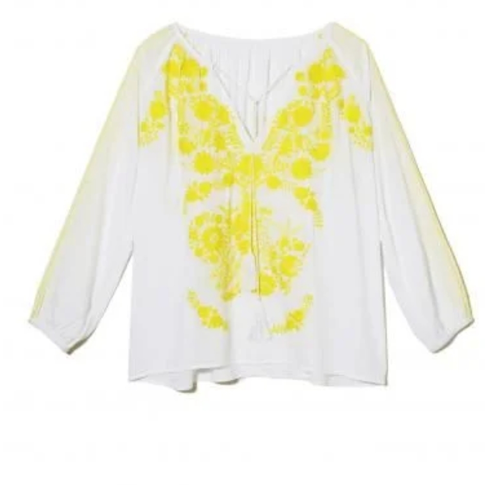 shopLatitude/ Bazaar México/ White & Yellow Rayón Embroidery Blouse /Size S-M